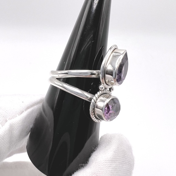 Genuine Faceted Amethyst Oval & Tear Drop .925 Sterling Silver Ring - Picture 6 of 17